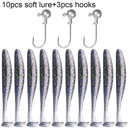 FISH PIERCING 10PCS Soft Lure 5.5cm 7cm 10cm T Tail Worm 3PCS Jigging Head Hook 3g 5g 10g Metal Jig Carp Fishing Pesca Swimbait Gear Kit Bait