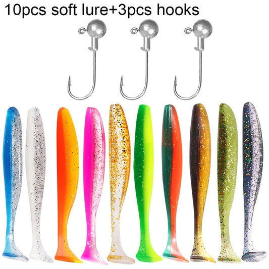 FISH PIERCING 10PCS Soft Lure 5.5cm 7cm 10cm T Tail Worm 3PCS Jigging Head Hook 3g 5g 10g Metal Jig Carp Fishing Pesca Swimbait Gear Kit Bait