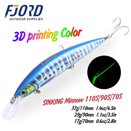 FISH PIERCING LURES Luminous 37g 29g 17g Hardcore Sinking Minnow Fishing Lure Treble Hook Hard Baits Jerkbait Sea Long Casting Fishing Items